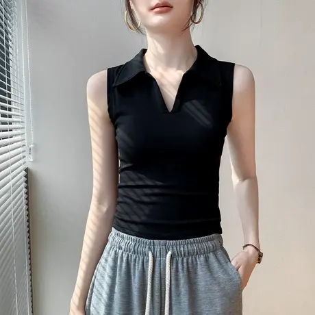 法式POLO领欧货无袖背心女2025夏季洋气翻领修身显瘦纯色T恤上衣商品大图