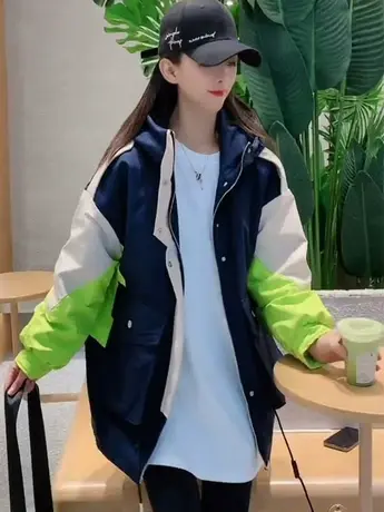 欧洲站2023冬季新款拼色连帽派克服女宽松中长款显瘦加绒棉衣外套商品大图