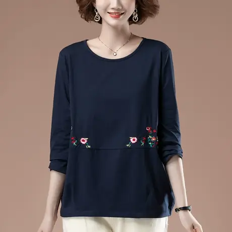 春秋加肥加大码女装长袖t恤宽松中年妈妈文艺刺绣纯棉显瘦打底衫商品大图