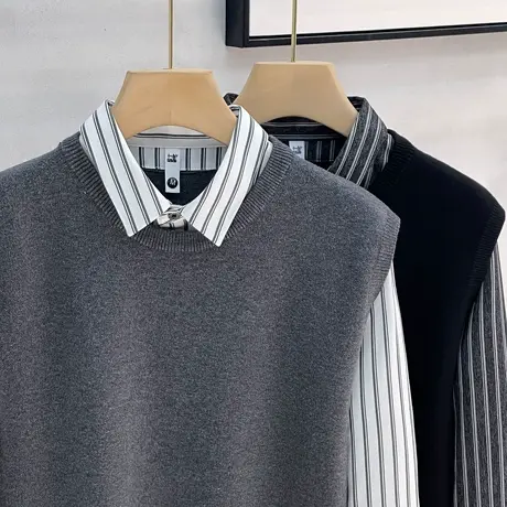 男士假两件针织衫秋冬商务西装马甲打底衫男条纹衬衫毛衣秋冬新款图片