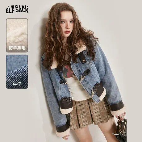 妖精的口袋美式复古牛仔外套棉服女2023秋季新款仿羊羔毛拼接棉衣图片