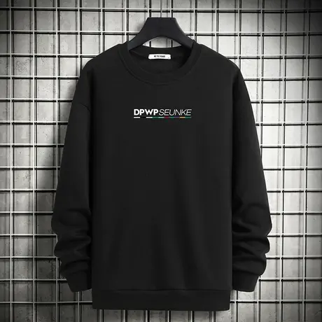 圆领卫衣男宽松潮流百搭摇粒绒加绒加厚字母印花黑色无帽长袖t恤商品大图