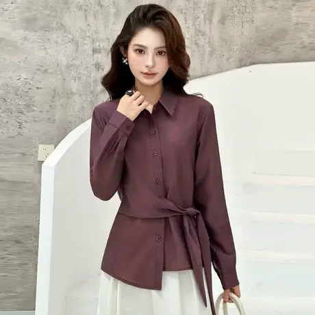拉夏贝尔韩系简约设计感绑带收腰衬衫女初秋2025新款高级长袖衬衣商品大图