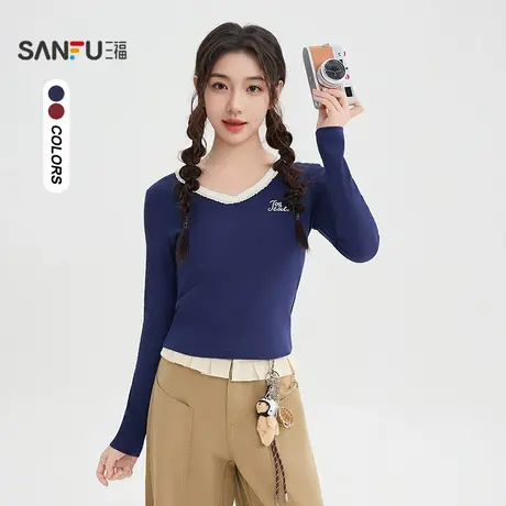 三福长T恤2025秋季蕾丝花边V领英文刺绣美式上衣女装507582商品大图