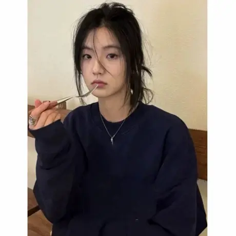 藏蓝色圆领卫衣女秋冬加绒加厚美式潮牌宽松oversize早秋薄款上衣商品大图