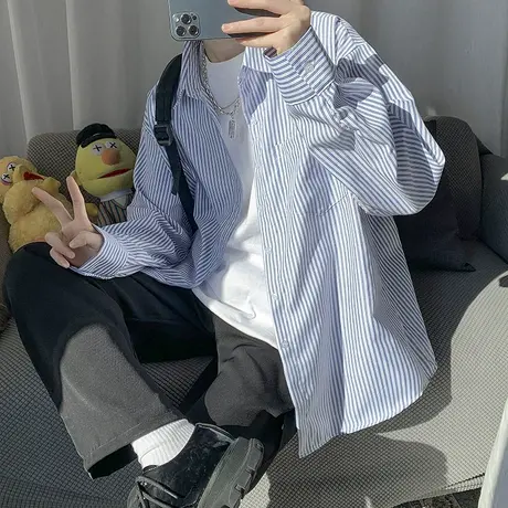 高街竖条纹衬衫男秋季日系少年感长袖衬衣宽松复古青少年休闲外套商品大图