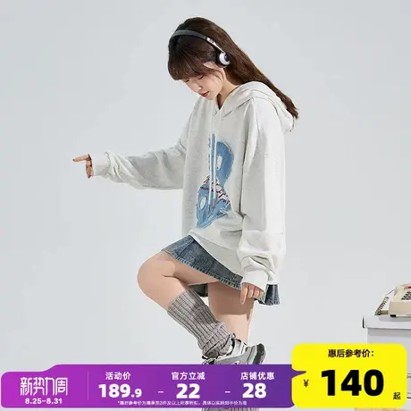 唐狮2024早秋新款针织连帽卫衣女潮流牛仔贴布绣套头帽衫宽松时尚图片