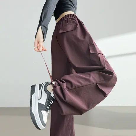 紫色工装裤女2025秋季宽松高腰显瘦垂感直筒阔腿美式两穿休闲裤子图片