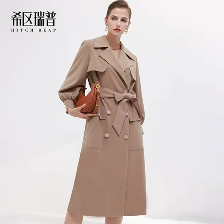 希区瑞普法式英伦西装复古领双排扣系带收腰灯笼袖风衣外套女新款图片