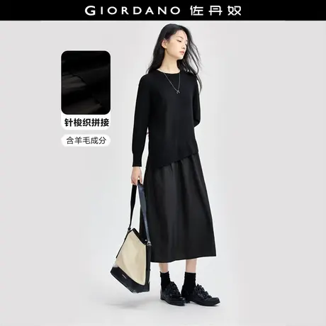 佐丹奴裙子女装假两件毛梭织拼接圆领连衣裙 18464939商品大图