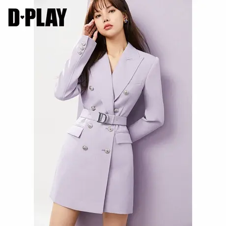 DPLAY022年秋新通勤双排扣长秋花蓝西装式连衣裙商品大图