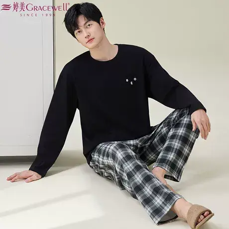婷美睡衣男士春秋款100%纯棉圆领长袖2026新款宽松全棉家居服套装商品大图