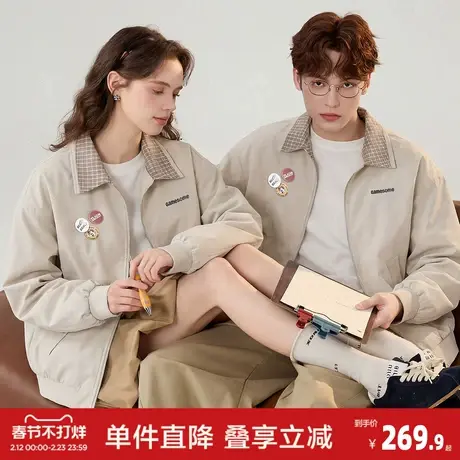 唐狮2026春季新款情侣同码外套翻领格纹拼接情侣装夹克（含徽章)图片