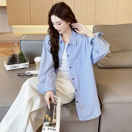唐狮秋季长袖衬衫女蓝色条纹衬衫设计感小众独特高级感上衣BLtu图片