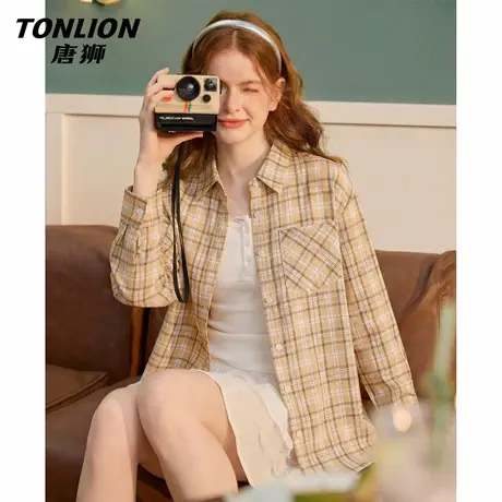 唐狮官方格子长袖衬衫外套女2025新款春秋款宽松慵懒风休闲衬衣VB商品大图