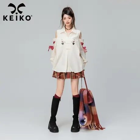 KEIKO 小众设计露肩长袖衬衫2023秋减龄穿搭可甜可盐别致廓形上衣图片