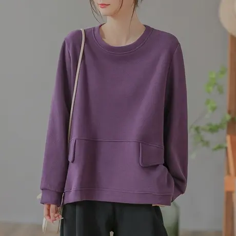 dza 复古纯棉口袋圆领休闲卫衣女春秋新款宽松长袖上衣休闲短外套图片