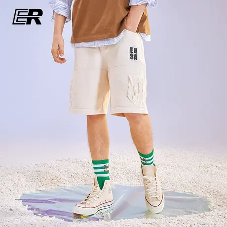 ER字母牛仔短裤宽松破洞休闲潮牌情侣五分运动裤图片