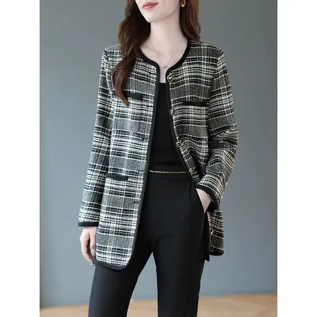 宝诗黎圆领格子中长款外套2023秋季新款气质时尚女士上衣休闲夹克商品大图