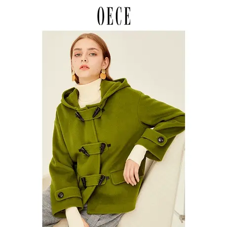 【买1送1】oece冬装新款元气学院派牛角扣连帽短款减龄呢大衣外套图片