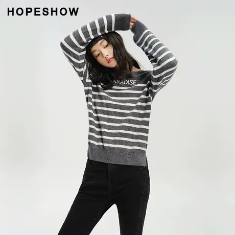 红袖outlets条纹字母套头针织衫hopeshow2023冬款休闲通勤毛衣女图片