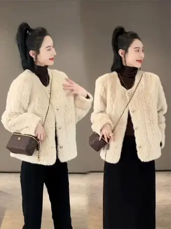 洋气百搭羊羔毛外套女洋气宽松冬季时尚休闲仿皮草温柔暗花上衣潮商品大图