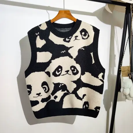 熊猫提花针织马甲女秋冬2023新款宽松大码慵懒风无袖毛衣背心外穿图片