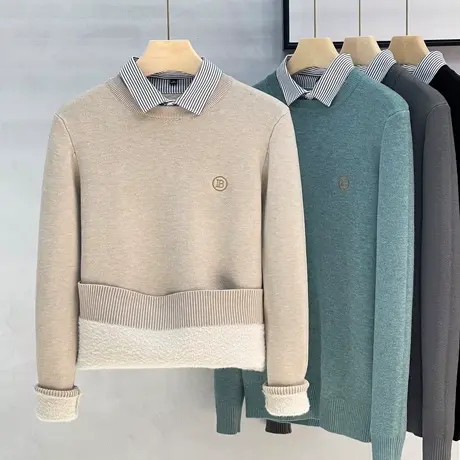 一体绒加绒加厚毛衣男冬季休闲刺绣保暖衬衫领毛衫假两件针织衫男商品大图