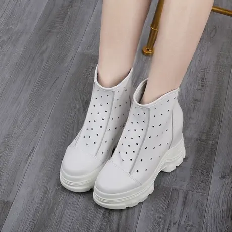 坚城真皮内增高女鞋10CM坡跟高帮短靴休闲镂空透气厚底运动松糕鞋商品大图