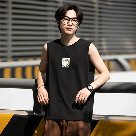 [吾皇猫联名]唐狮夏季新款男背心纯棉透气坎肩印花无袖T恤上衣潮图片