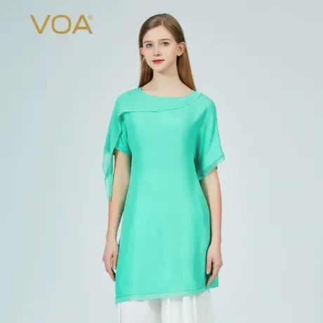 VOA提花冠乐绉桑蚕丝船领不对称设计短袖拼接乔其丝绸宽松真丝T恤图片