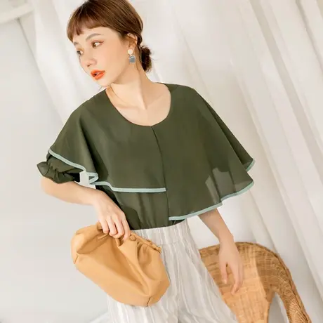 桔熊夏季通勤设计感凉爽不对称荷叶领薄款短袖上衣女大码AB15737图片