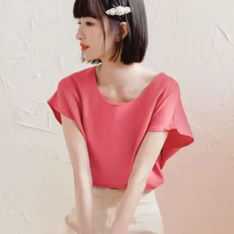 桔熊夏季韩版气质糖果色雪纺衫女洋气短袖甜美打底上衣大码AA9022图片