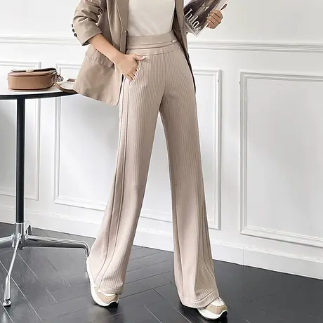 莫代尔加绒阔腿裤女秋冬2023新款高腰垂感休闲直筒小个子米色裤子商品大图