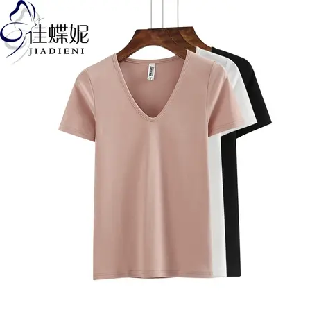 夏季纯棉修身V领短袖体恤上衣休闲打底衫女装韩版纯色内搭T恤经典商品大图