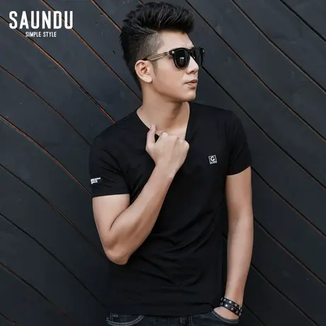 莫代尔短袖t恤男V领修身夏装男生上衣服夏天黑色简约夏季半袖体恤图片