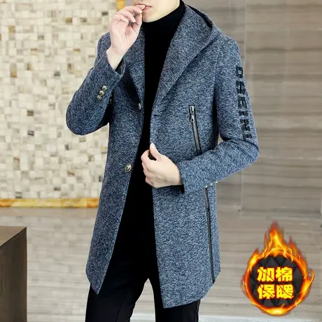冬装加棉加厚呢子大衣外套男士潮流韩版中长款痞帅气个性毛呢风衣商品大图
