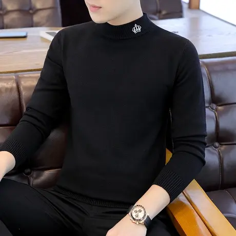 半高领毛衣男秋冬潮流内搭打底衫加绒加厚线衣保暖中领白色针织衫商品大图