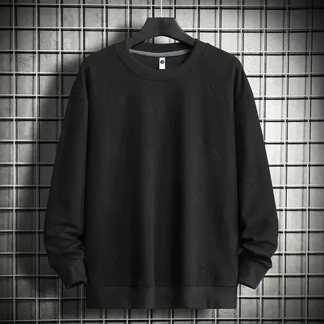 330g重磅黑色卫衣男宽松潮流钢印字母圆领长袖t恤春秋款无帽上衣商品大图