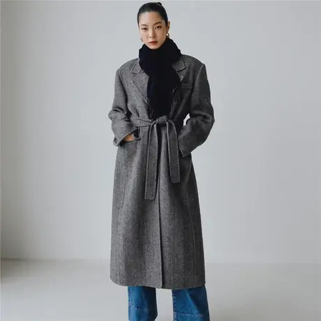 秋冬新款人字纹毛呢女中长款韩版宽松大码时尚大方系带呢子大衣潮商品大图