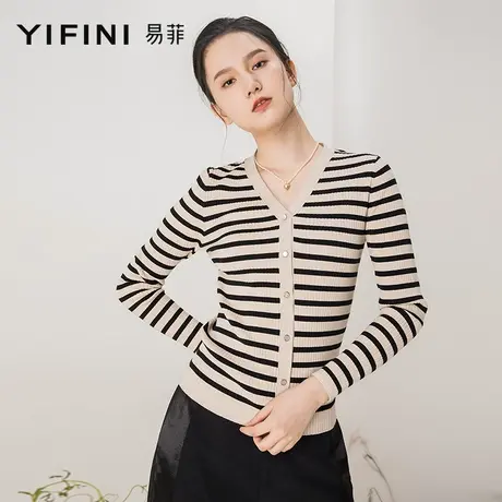 Yifini/易菲条纹v领修身套头针织上衣女紧身显瘦长袖T恤春秋新款图片