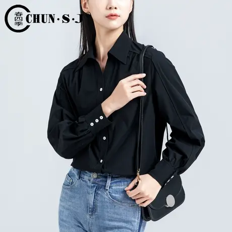 黑色雪纺衬衫女2023春夏款长袖泡泡袖港风复古上衣女时尚洋气衬衣图片