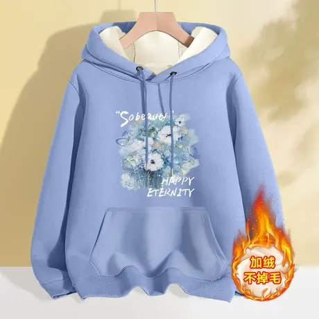 秋冬连帽卫衣女2023年冬季新款爆款上衣宽松带帽蓝色加绒加厚外套商品大图