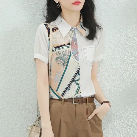 韩潮袭人印花短袖百搭薄款衬衫女2024夏新款宽松休闲衬衣上衣薄款图片