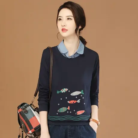 韩潮袭人假两件印花长袖卫衣女2024春季新款百搭高级感超好看上衣图片