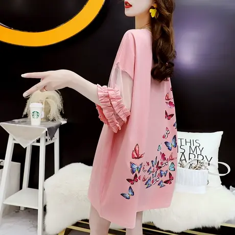 雪纺拼接短袖T恤裙女中长款夏装2024新款韩版宽松设计感正肩上衣商品大图