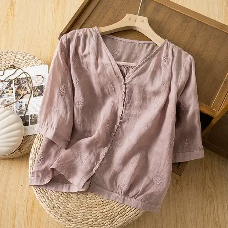享永子七分袖刺绣宽松苎麻上衣女夏天文艺复古棉麻小衫薄2024新款商品大图