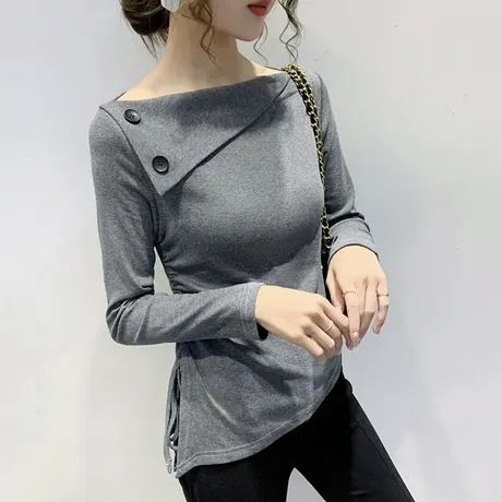 秋装2024款女不规则抽绳T恤女长袖小众设计感洋气上衣百搭打底衫商品大图