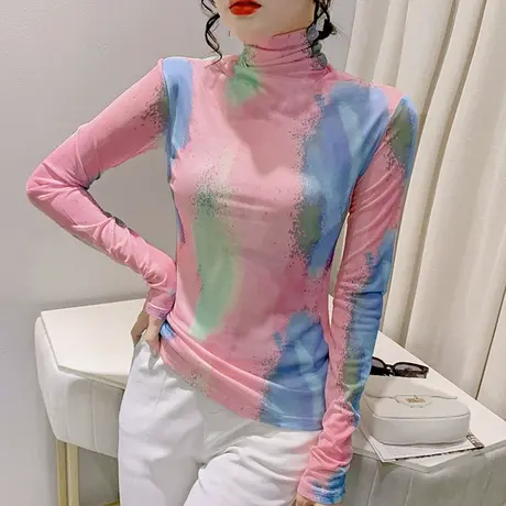 高领网纱打底衫女长袖2024春秋新款撞色扎染印花T恤修身内搭上衣图片
