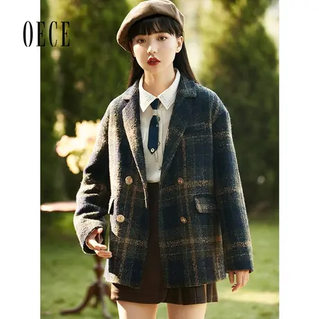 Oece复古格子呢子大衣冬新款女气质中长西装毛呢外套图片